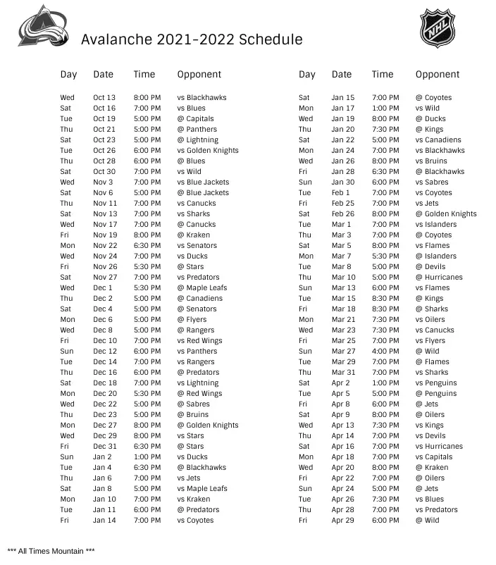 Colorado Avalanche Schedule photo 1